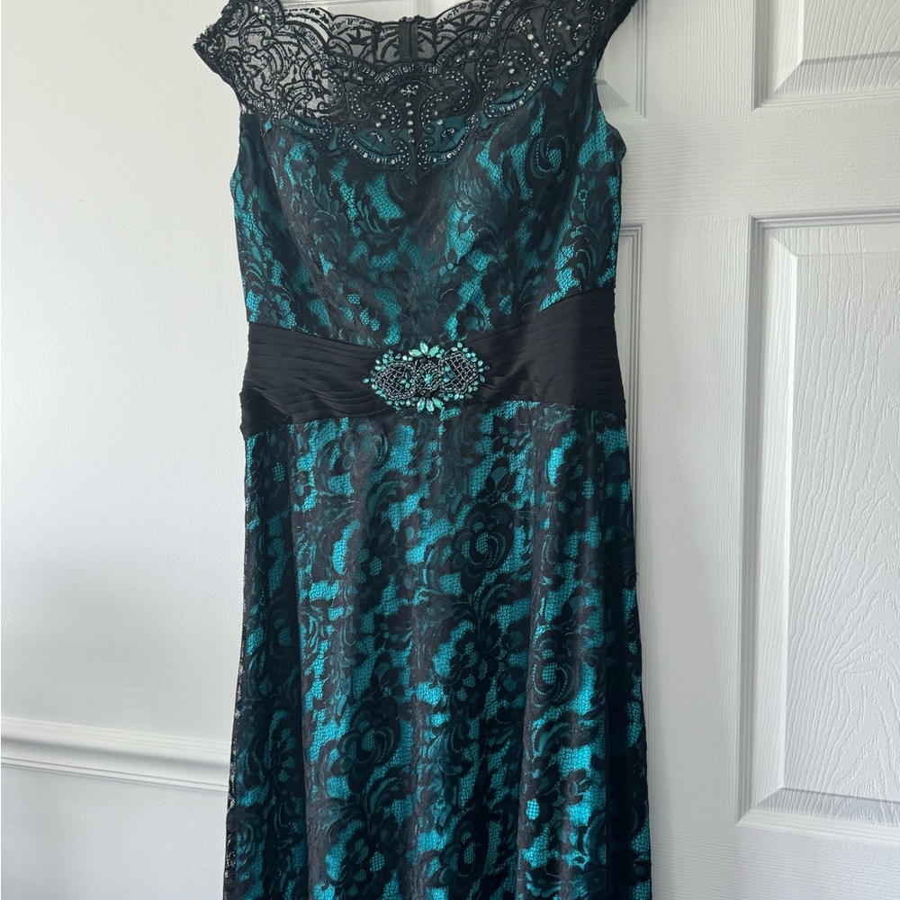 Fabulous Couture gown. Teal and black.  Worn once. Size XL